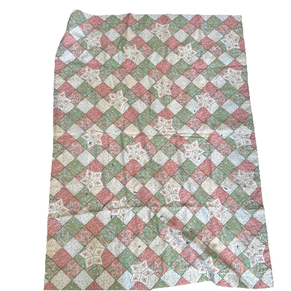 Vintage Handmade Patchwork Quilt Blue Pink Floral Calico Tied Baby Blanket 35x48